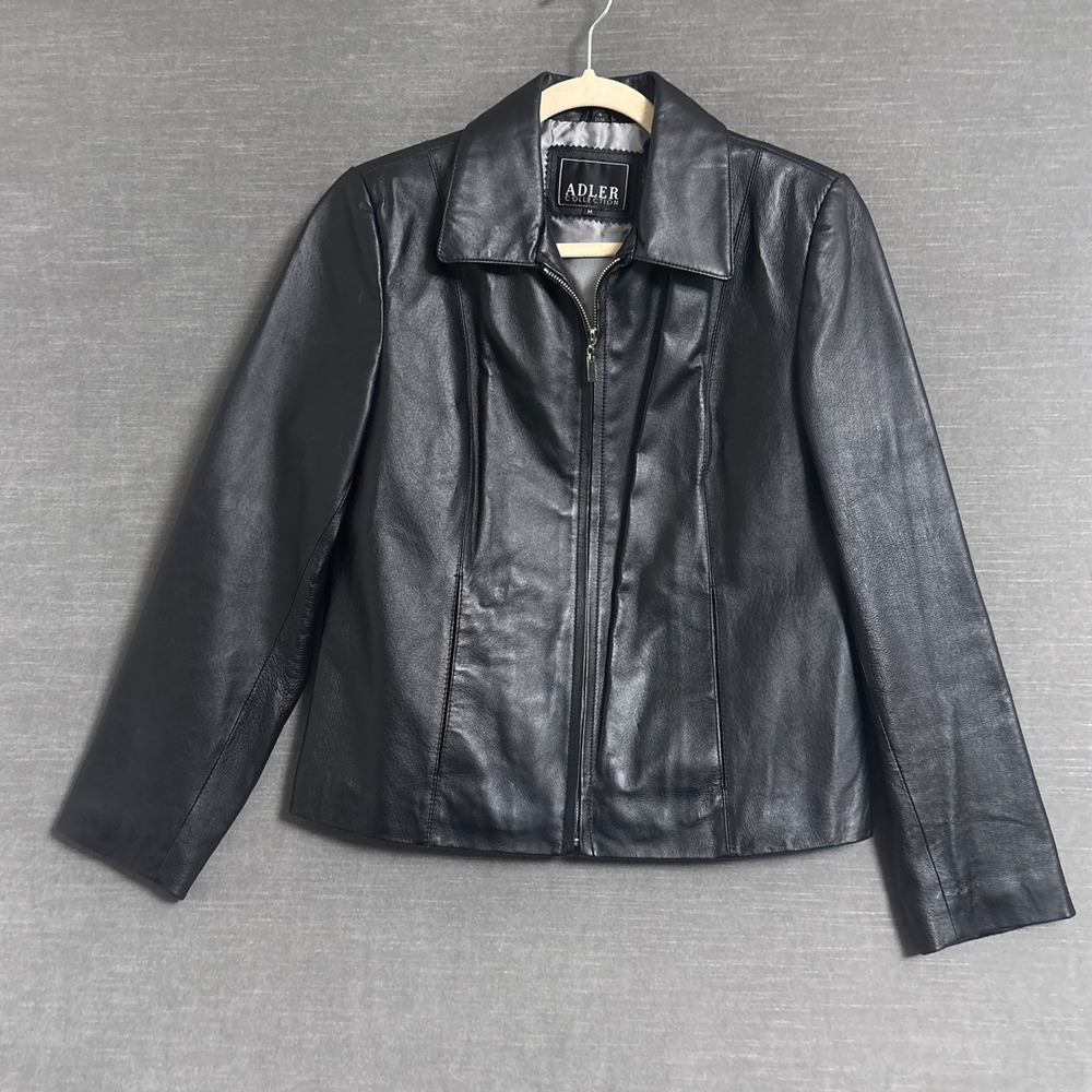 Vintage Adler Collection Jacket M Black Leather Zip Minimalist 90s y2k Classic